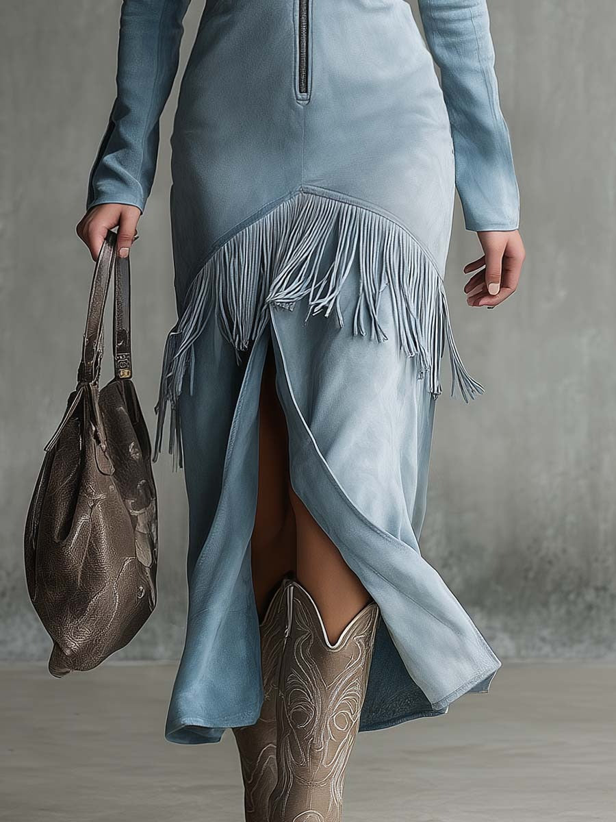 Western Vintage Lapel Front Zipper Tassel Hem Light Blue Faux Suede Slit Midi Dress