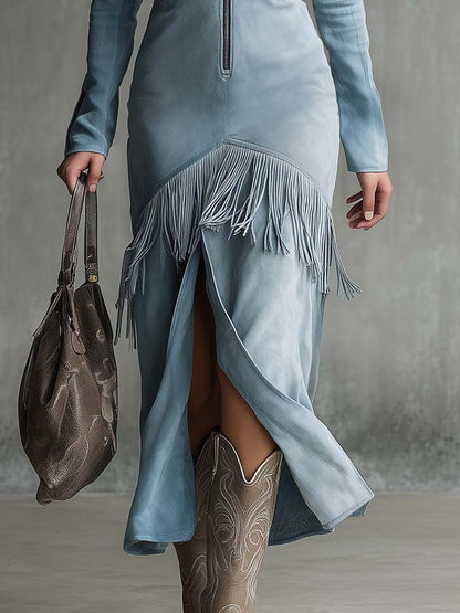 Western Vintage Lapel Front Zipper Tassel Hem Light Blue Faux Suede Slit Midi Dress
