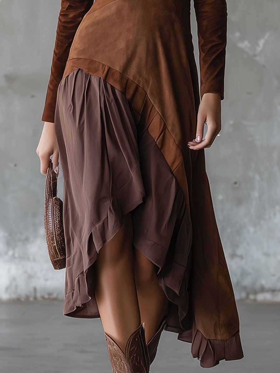 Western Retro Brown Faux Suede Patchwork Midi Dress