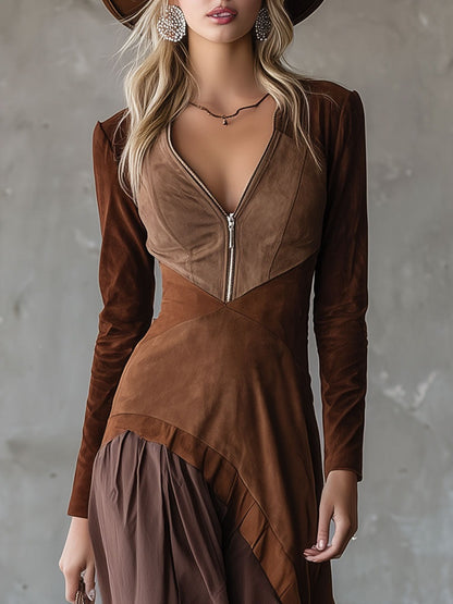 Western Retro Brown Faux Suede Patchwork Midi Dress