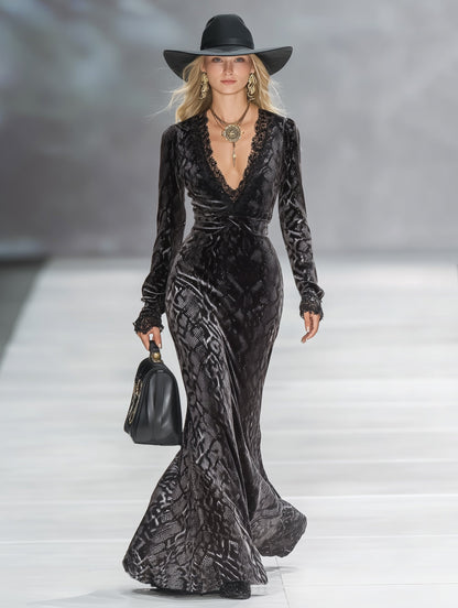 Chic Western-style V-neck Lace Snakeskin Print Velvet Maxi Dress