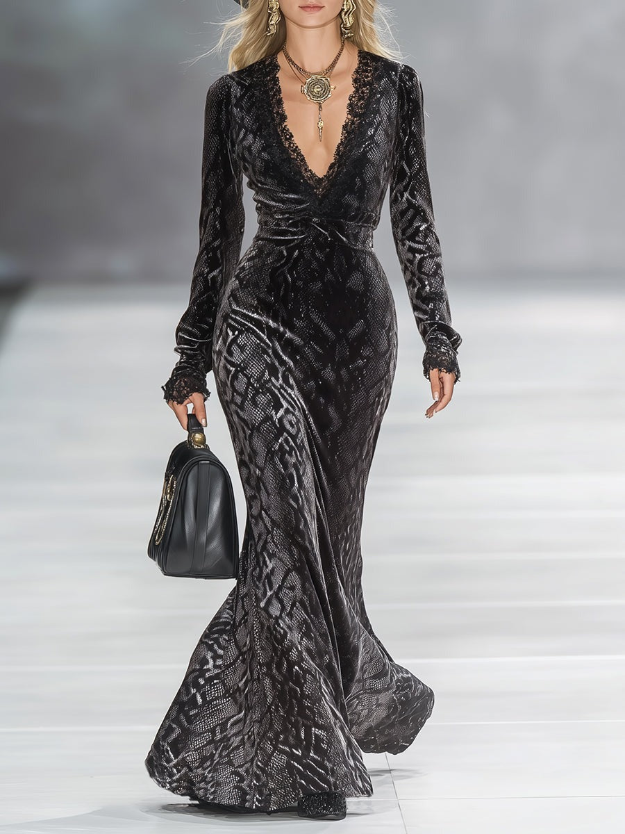 Chic Western-style V-neck Lace Snakeskin Print Velvet Maxi Dress