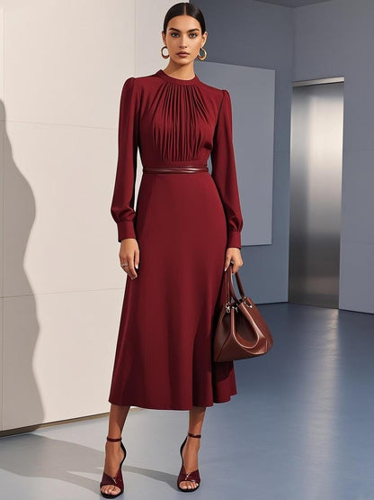 Red Pleated Bodice Long Sleeve Plain Midi Dress