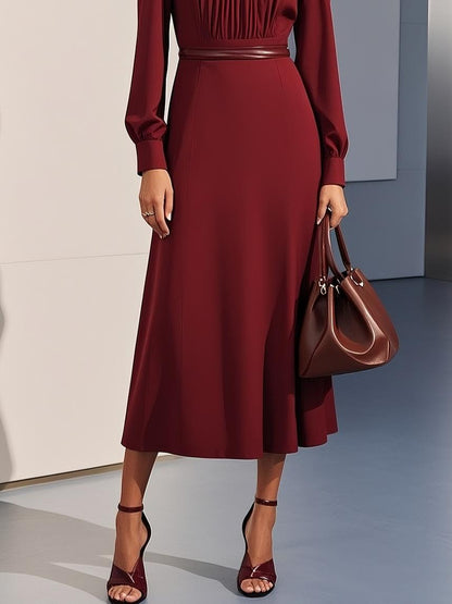 Red Pleated Bodice Long Sleeve Plain Midi Dress