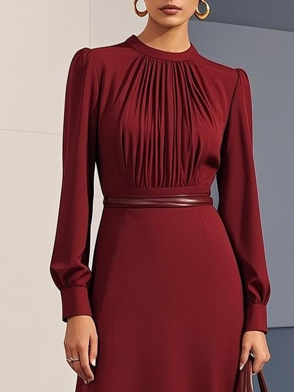 Red Pleated Bodice Long Sleeve Plain Midi Dress