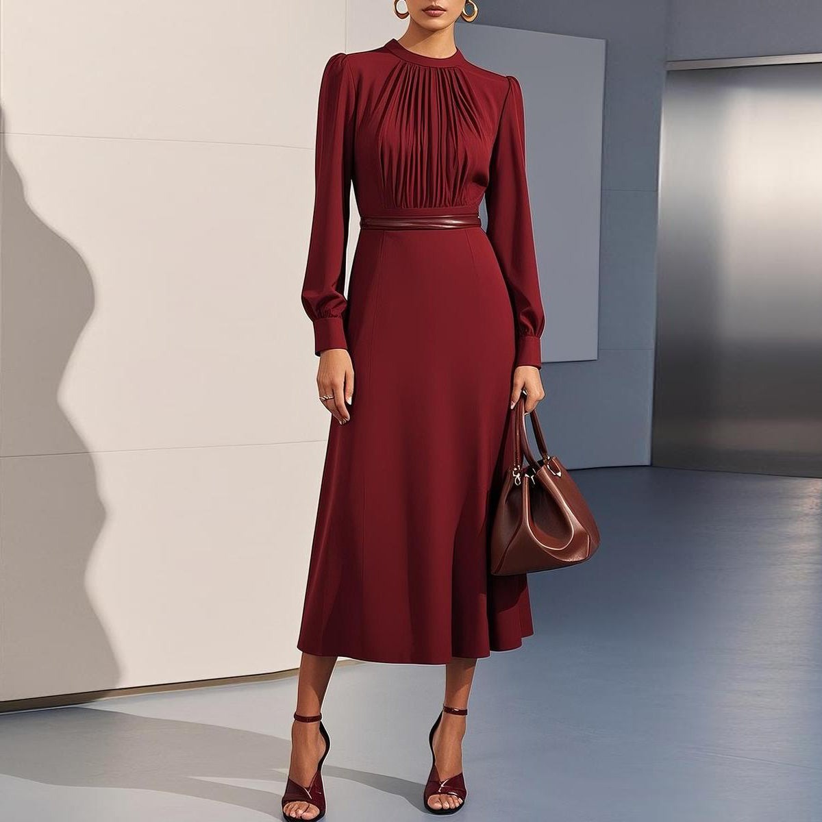 Red Pleated Bodice Long Sleeve Plain Midi Dress