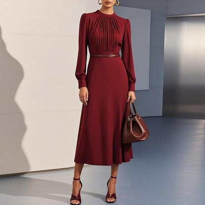 Red Pleated Bodice Long Sleeve Plain Midi Dress