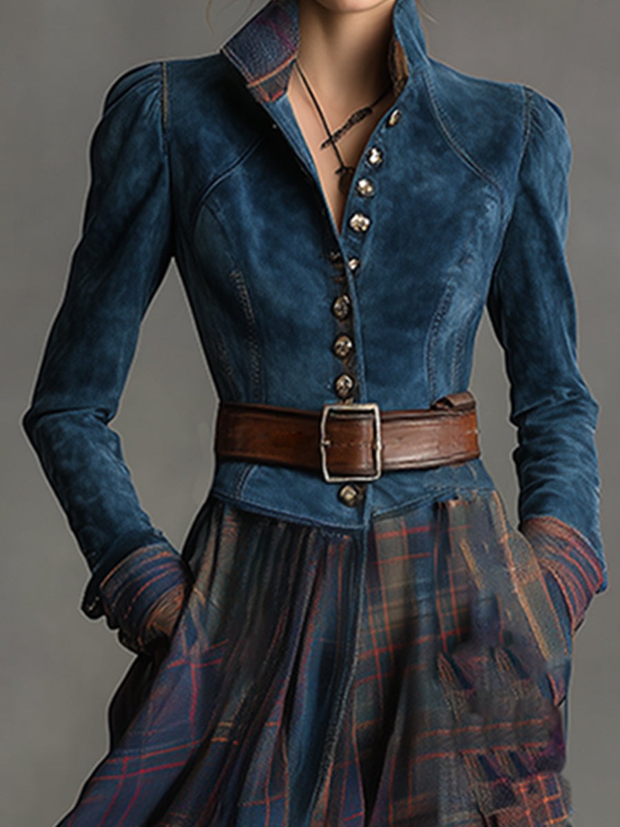 Retro Ethnic Style Belt Blue Faux Suede Plaid Maxi Dress