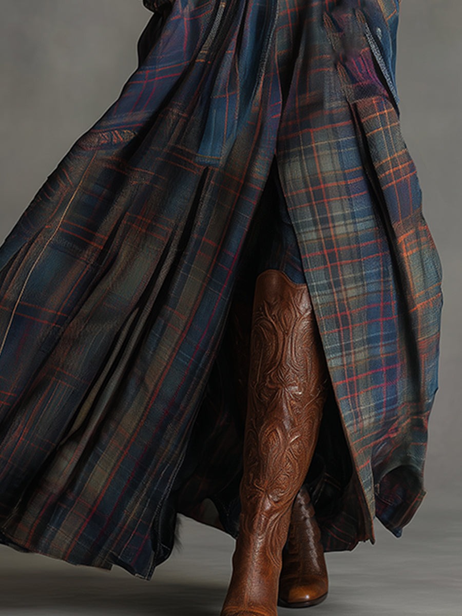 Retro Ethnic Style Belt Blue Faux Suede Plaid Maxi Dress