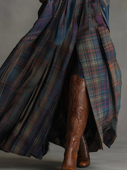 Retro Ethnic Style Belt Blue Faux Suede Plaid Maxi Dress