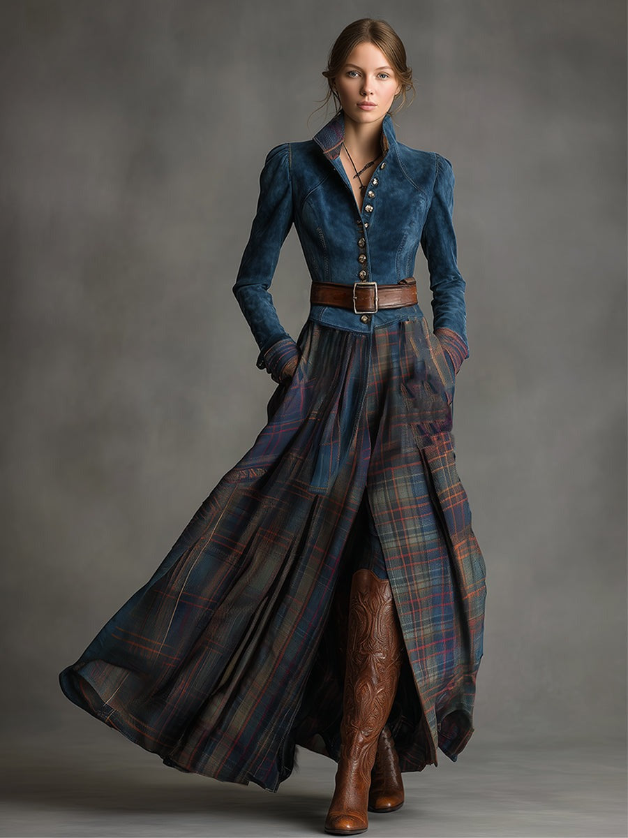 Retro Ethnic Style Belt Blue Faux Suede Plaid Maxi Dress