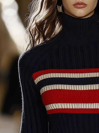 Retro Elegant Fashionable High Collar Red And White Striped Dress