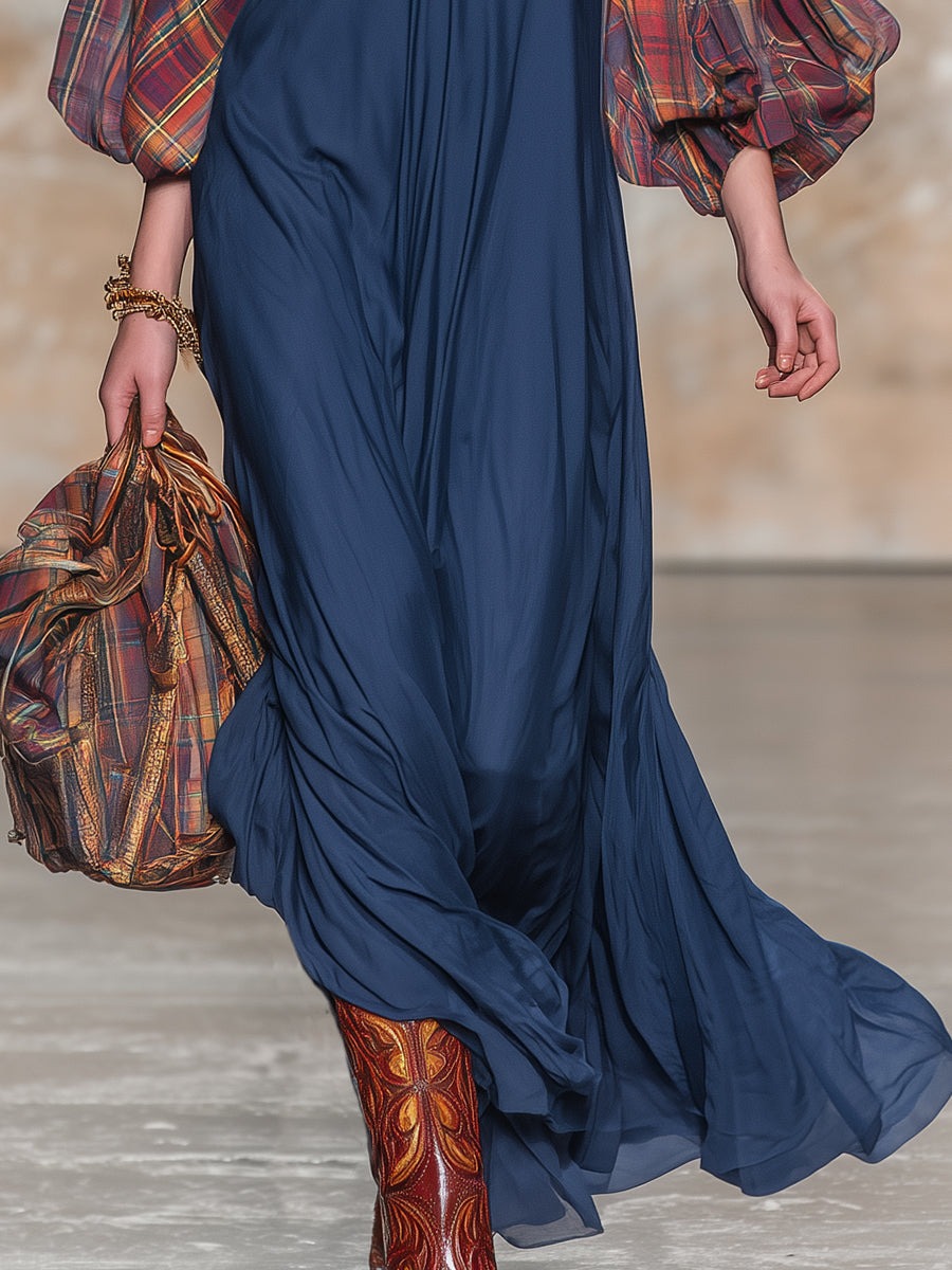 Retro Western Style Red Plaid Chiffon Sleeve Blue Maxi Dress