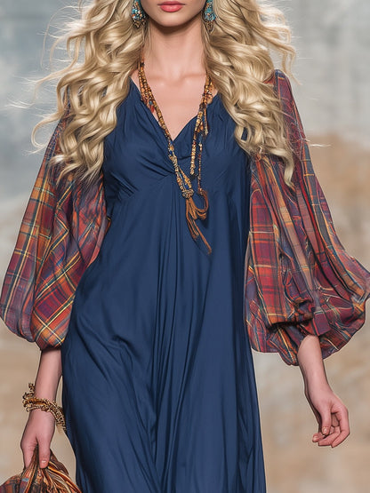 Retro Western Style Red Plaid Chiffon Sleeve Blue Maxi Dress