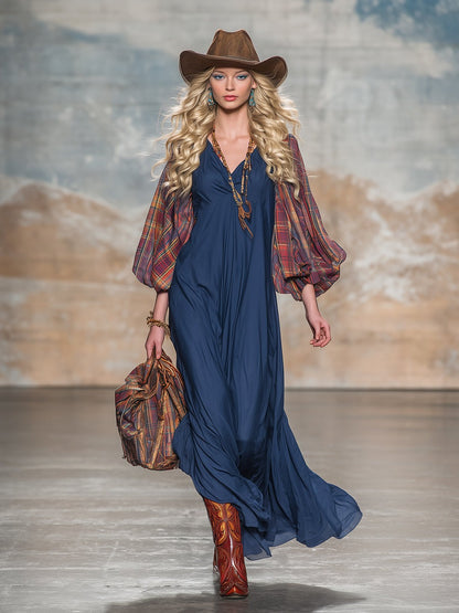 Retro Western Style Red Plaid Chiffon Sleeve Blue Maxi Dress