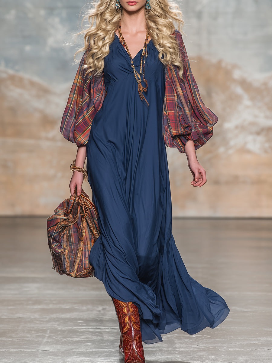 Retro Western Style Red Plaid Chiffon Sleeve Blue Maxi Dress