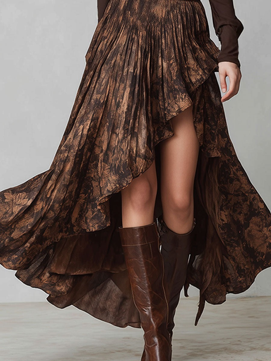 Retro Brown Off-shoulder Shirt And Irregular Print Skirt Set