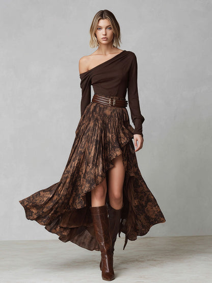 Retro Brown Off-shoulder Shirt And Irregular Print Skirt Set