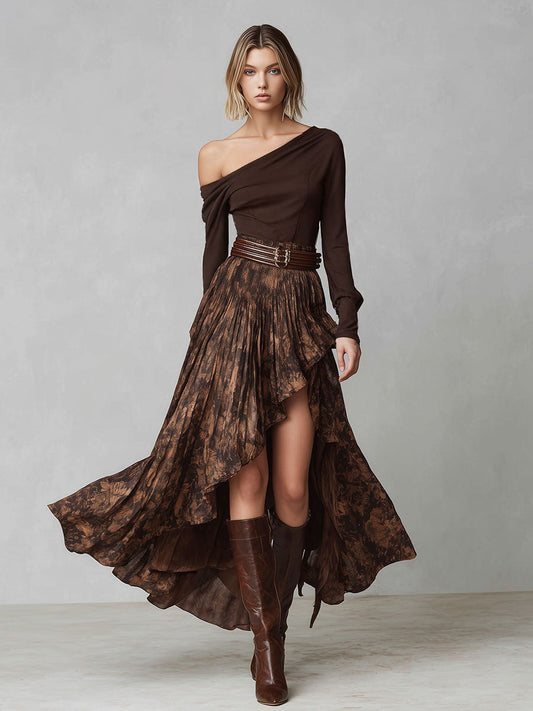 Retro Brown Off-shoulder Shirt And Irregular Print Skirt Set