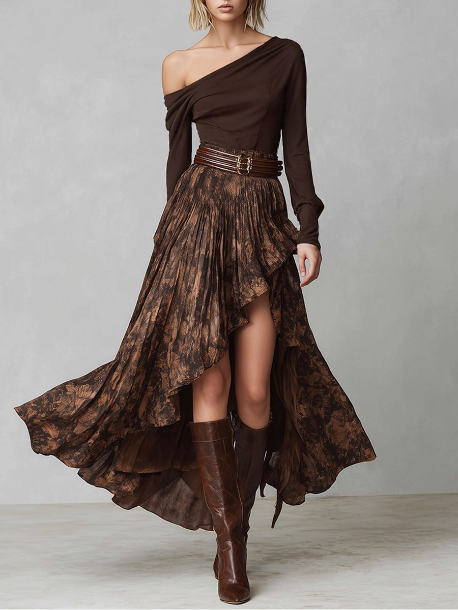 Retro Brown Off-shoulder Shirt And Irregular Print Skirt Set