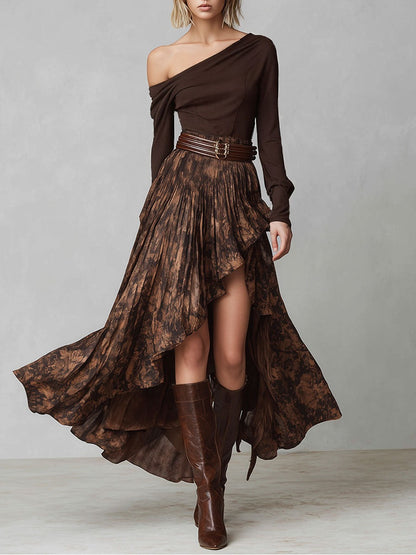 Retro Brown Off-shoulder Shirt And Irregular Print Skirt Set