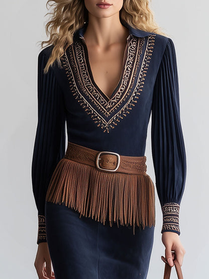Western Retro Navy Blue Faux Suede Embroidered Tassel Belt Midi Dress