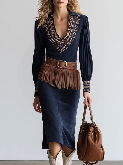 Western Retro Navy Blue Faux Suede Embroidered Tassel Belt Midi Dress