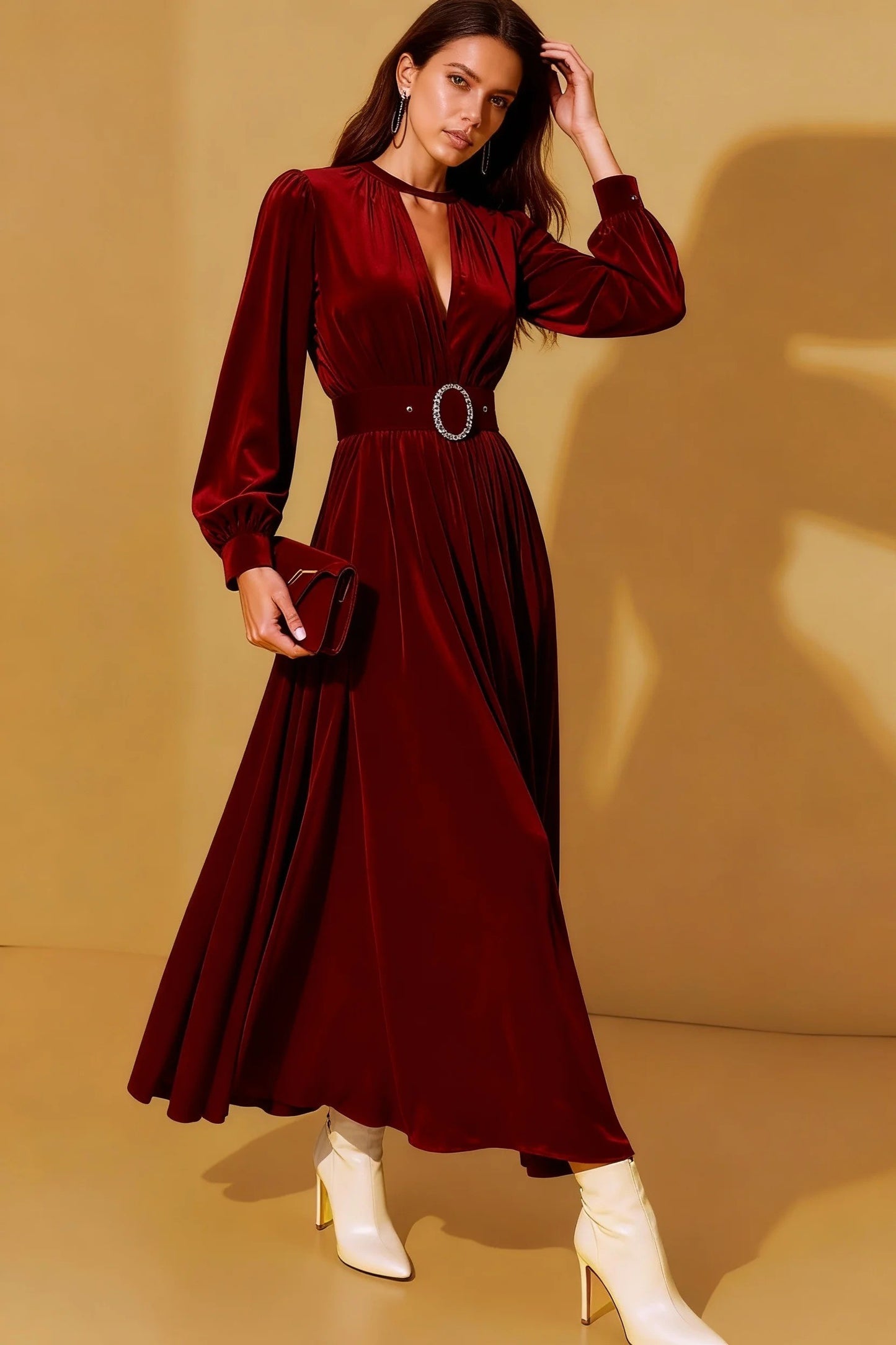 Formal Dress Burgundy V-Neck Long Sleeve Velvet Maxi Dress