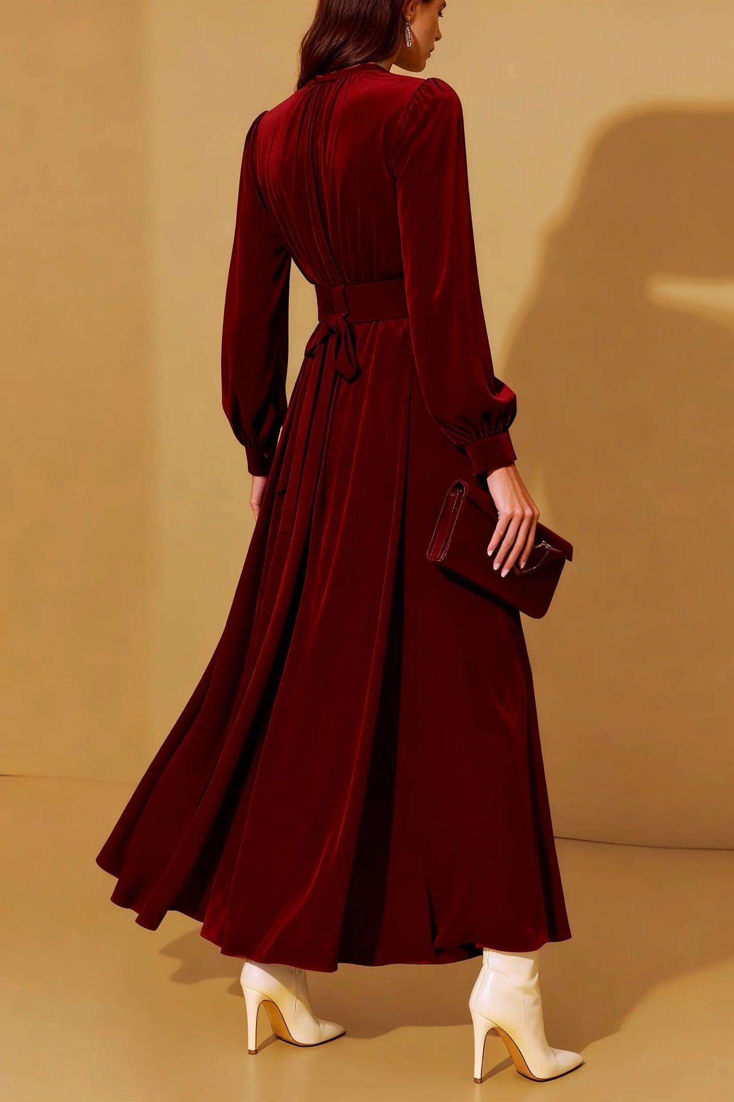 Formal Dress Burgundy V-Neck Long Sleeve Velvet Maxi Dress