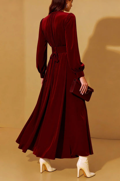 Formal Dress Burgundy V-Neck Long Sleeve Velvet Maxi Dress