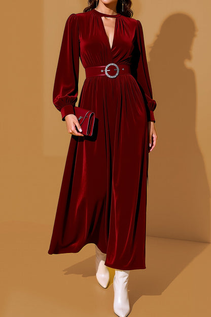 Formal Dress Burgundy V-Neck Long Sleeve Velvet Maxi Dress