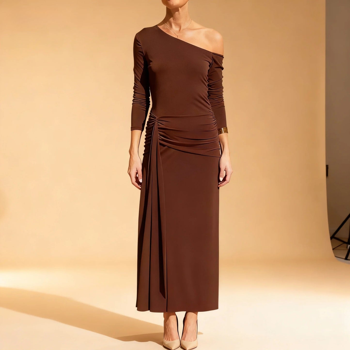 Chocolate Brown One-Shoulder Ruched Maxi Dress
