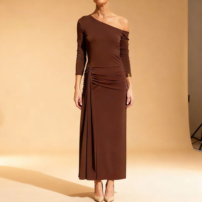 Chocolate Brown One-Shoulder Ruched Maxi Dress