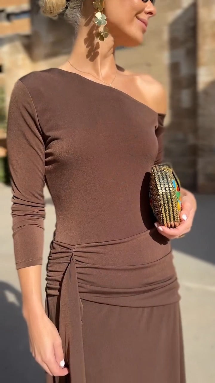 Chocolate Brown One-Shoulder Ruched Maxi Dress