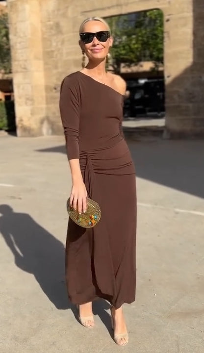Chocolate Brown One-Shoulder Ruched Maxi Dress