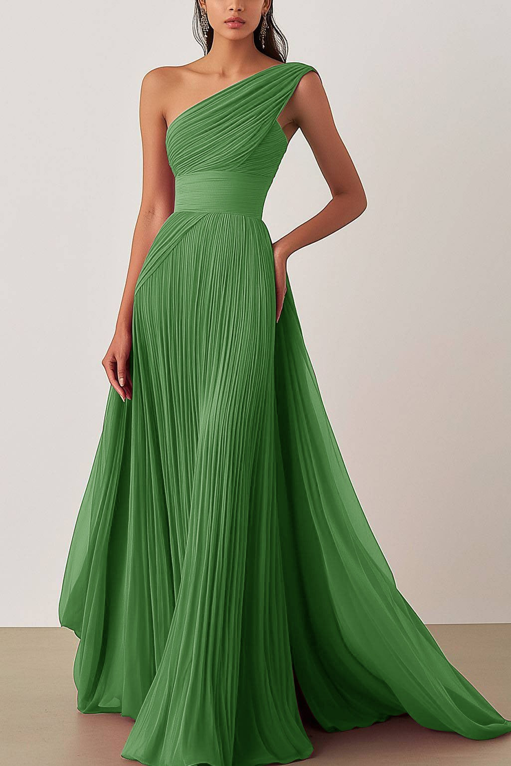 Prom Formal Pleated Dress Rose Color One-Shoulder Maxi Dress
