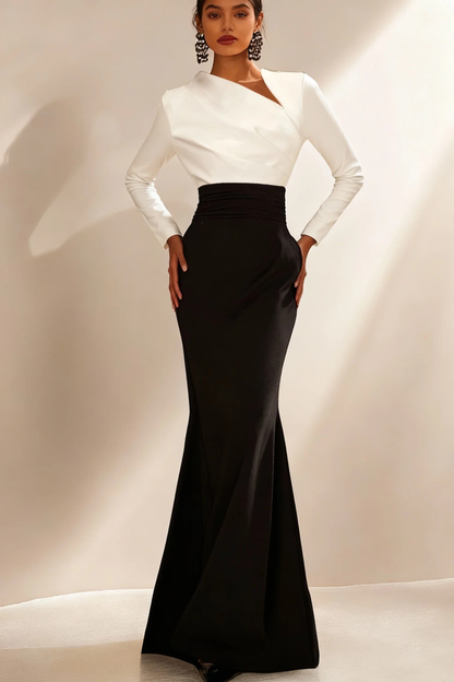 Evening Formal Elegant Dress Black White Long Sleeve Maxi Dress
