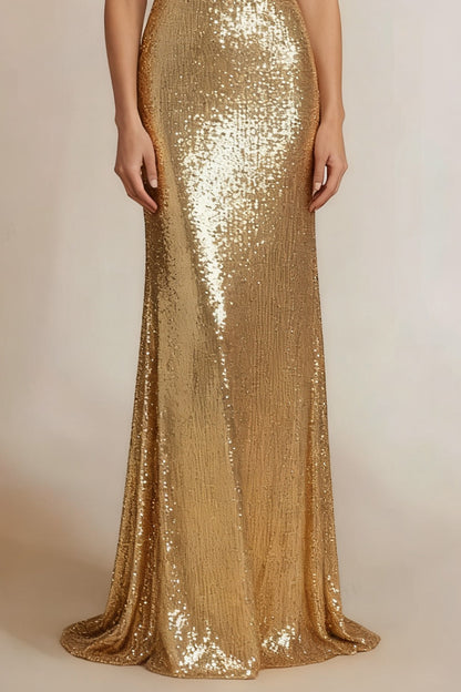 Formal Evening Gold V-Neck Sequins Maxi Dress