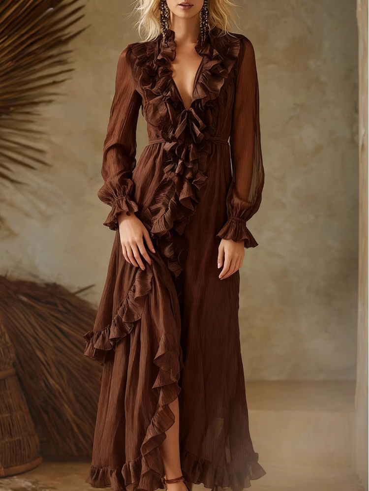 Retro Elegant Ruffled V-neck Double-layered Ruffled Skirt Brown Chiffon Maxi Dress