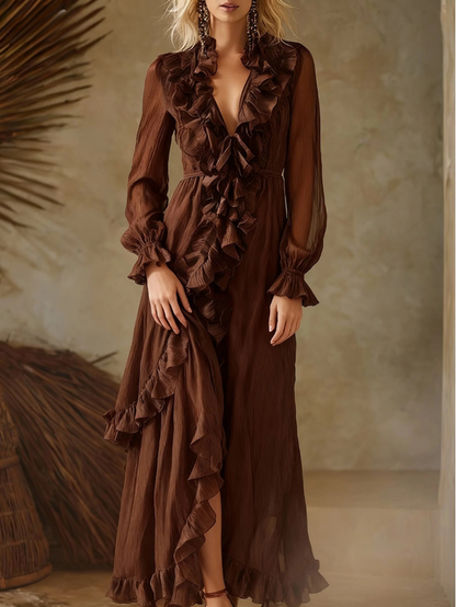 Retro Elegant Ruffled V-neck Double-layered Ruffled Skirt Brown Chiffon Maxi Dress