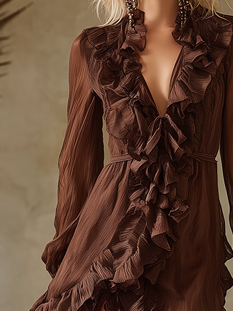 Retro Elegant Ruffled V-neck Double-layered Ruffled Skirt Brown Chiffon Maxi Dress