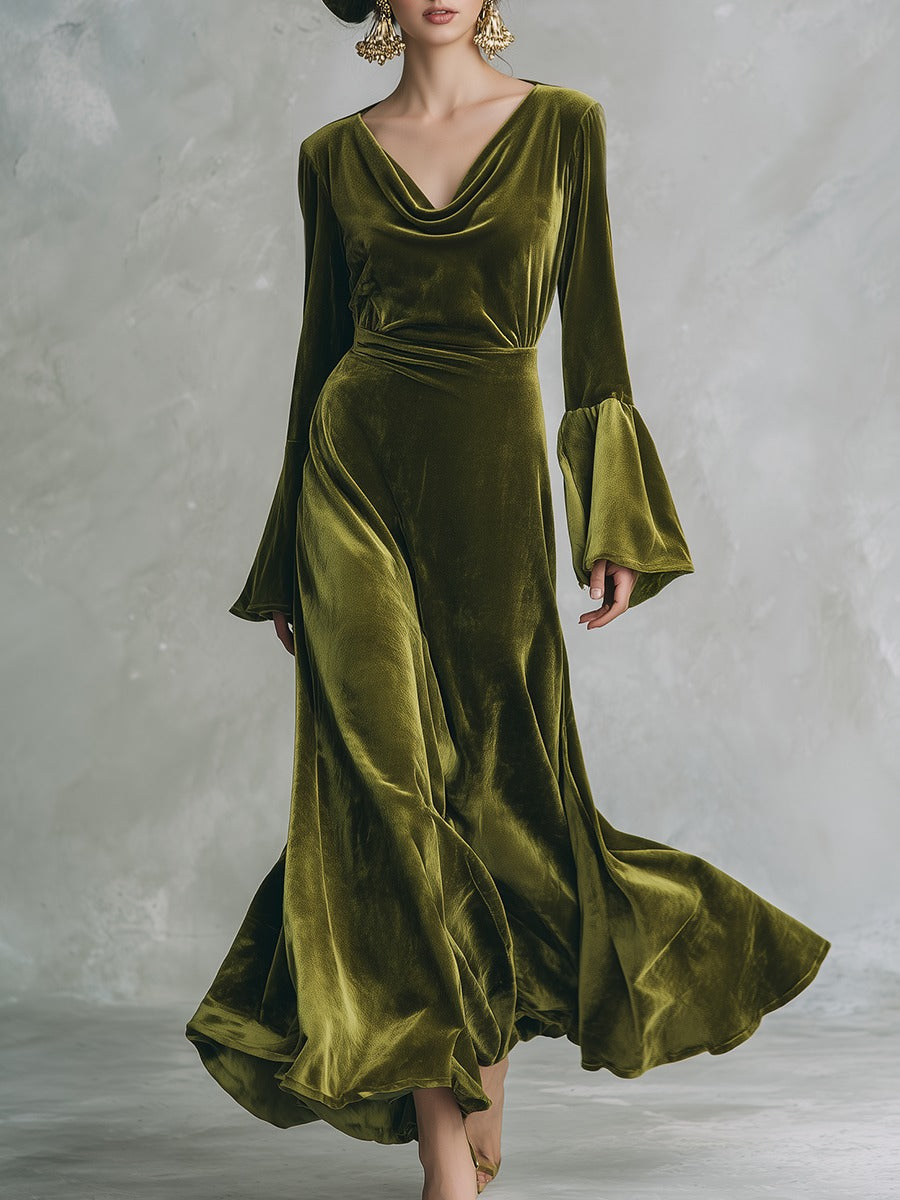 Elegant Retro Solid Color Flared Sleeve Velvet Maxi Dress