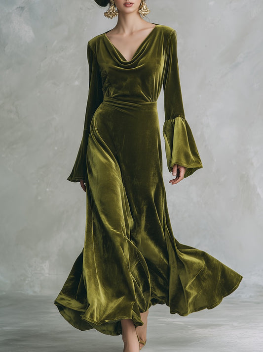 Elegant Retro Solid Color Flared Sleeve Velvet Maxi Dress