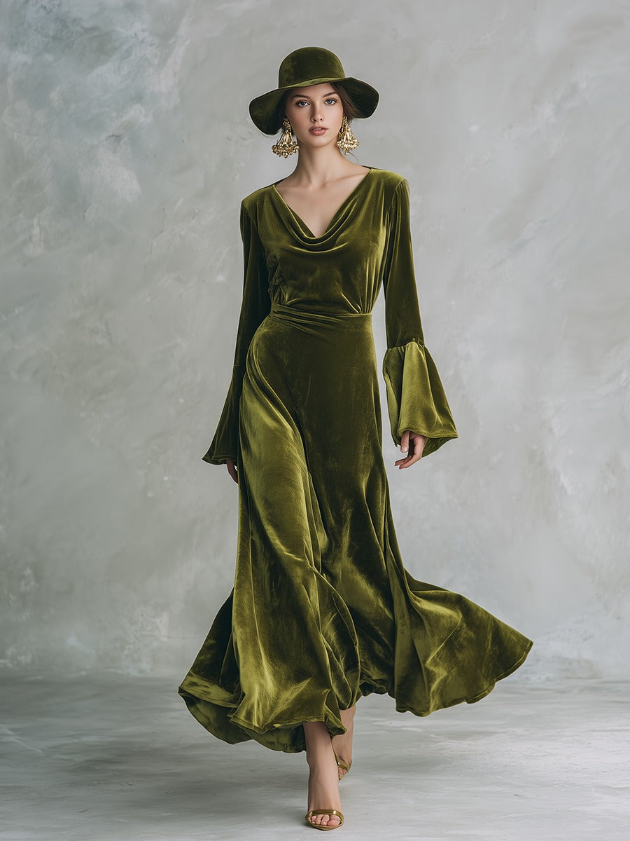 Elegant Retro Solid Color Flared Sleeve Velvet Maxi Dress