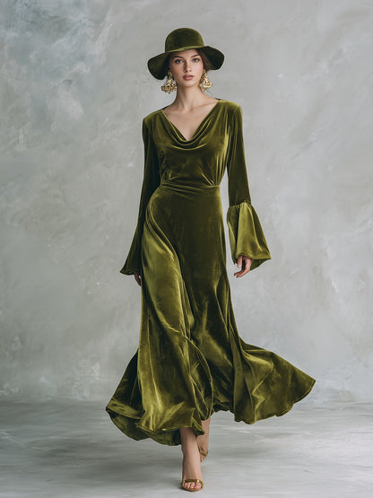 Elegant Retro Solid Color Flared Sleeve Velvet Maxi Dress