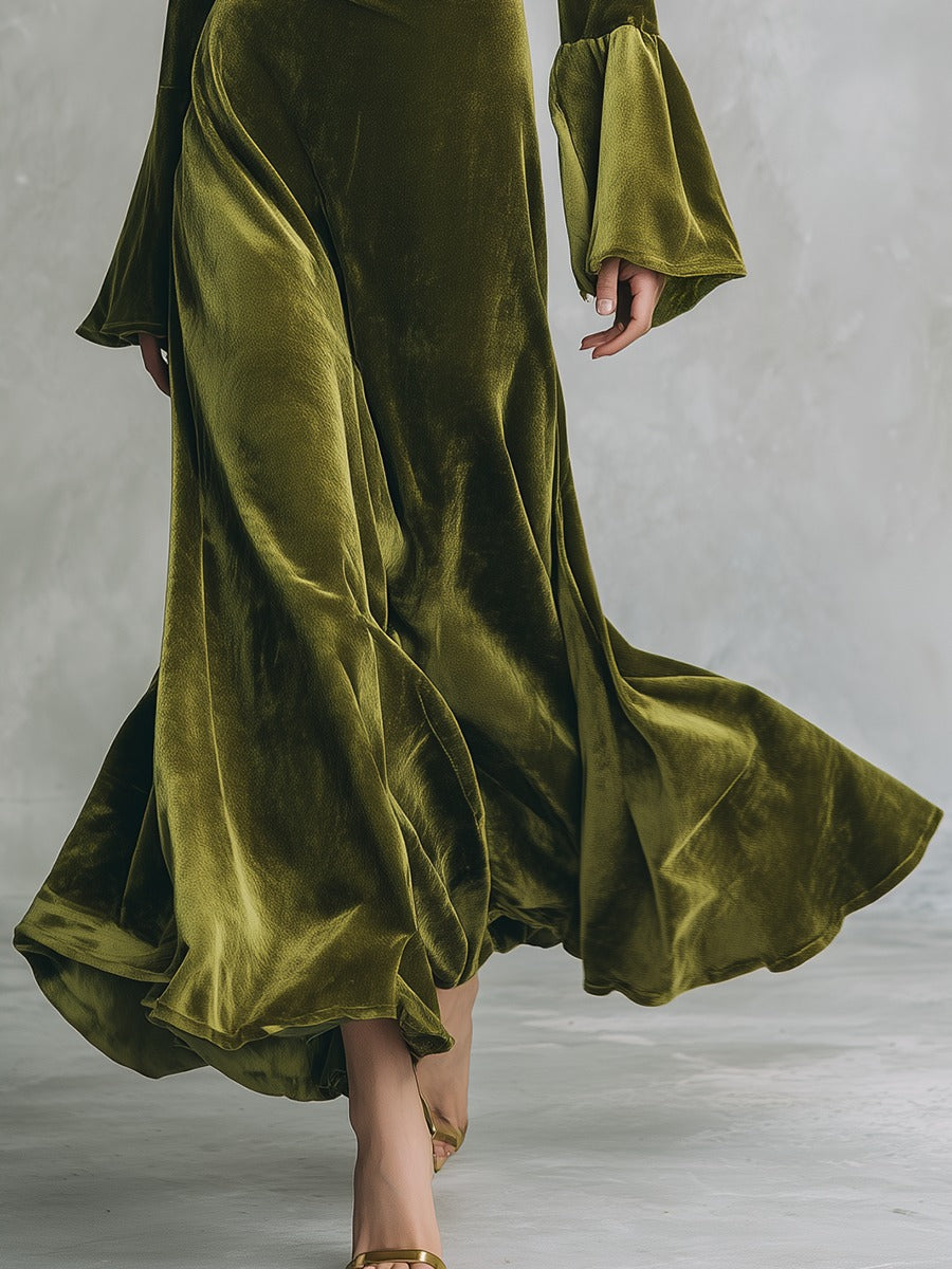 Elegant Retro Solid Color Flared Sleeve Velvet Maxi Dress