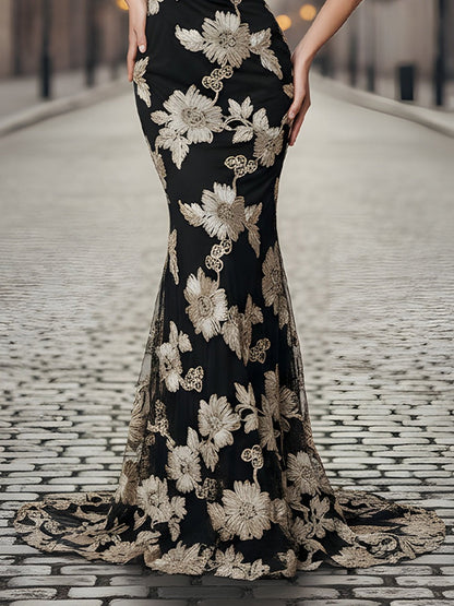 Black And Gold Floral Embroidered Mermaid Evening Gown