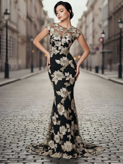Black And Gold Floral Embroidered Mermaid Evening Gown