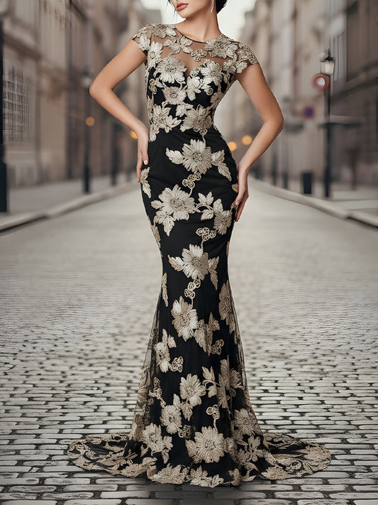 Black And Gold Floral Embroidered Mermaid Evening Gown