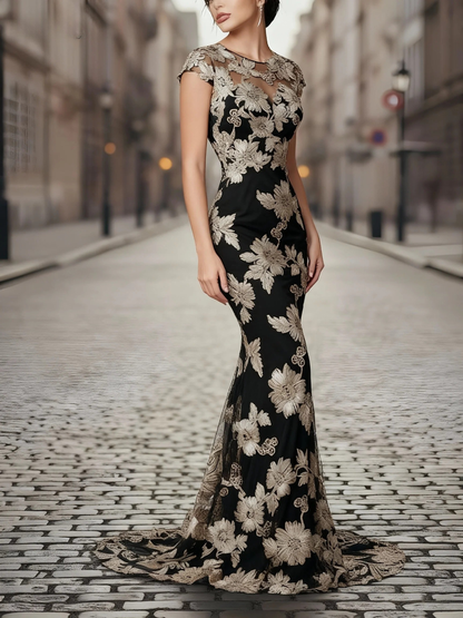 Black And Gold Floral Embroidered Mermaid Evening Gown